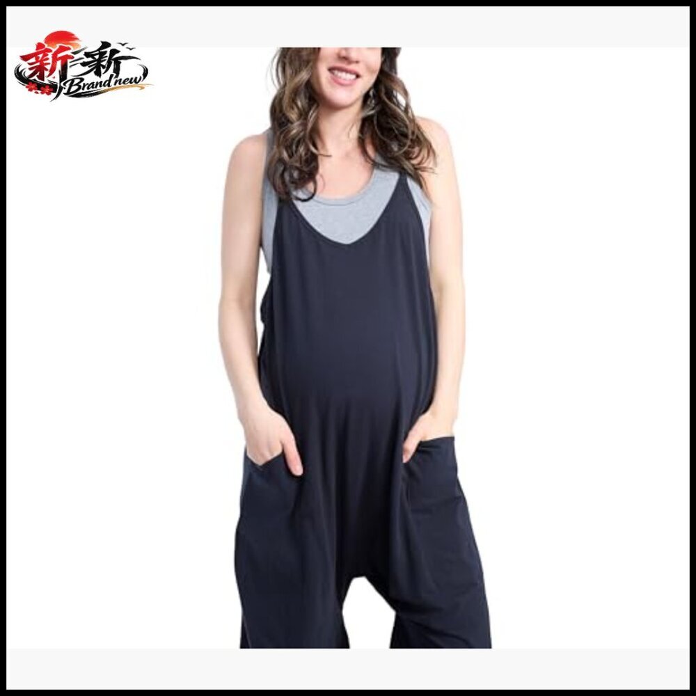 Cotton Blend Sleeveless V-Neck Jumpsuit with Pockets for Maternity - Picture 2 of 6